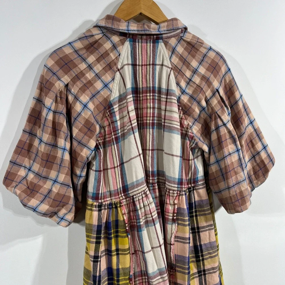 We The Free Moon Bay Boho Plaid Patchwork Babydoll Top Multi Color Womens XS 90s